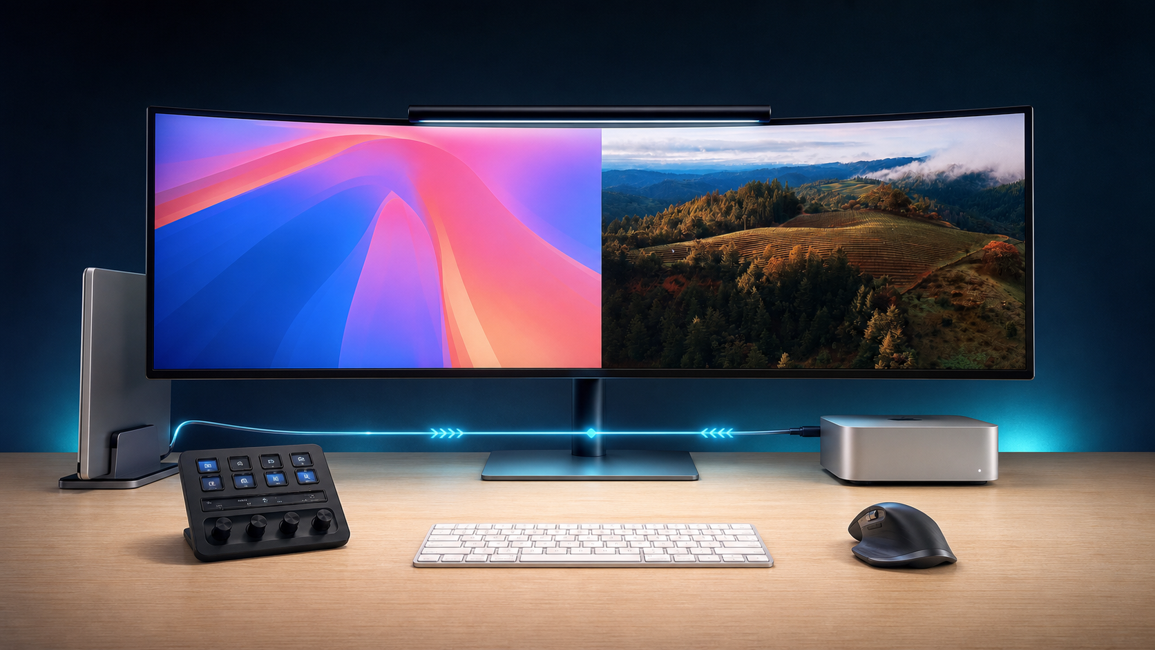 整潔的雙 Mac 工作站，共用超寬螢幕並以 Thunderbolt 建立雙向高速連線